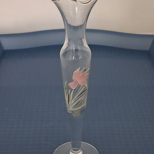Vittorio glass vase like new with handmade pink flower and gold details 21.5cm