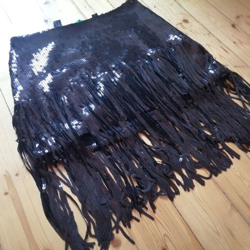 Something New women's black sequin skirt with fringes, XS-S