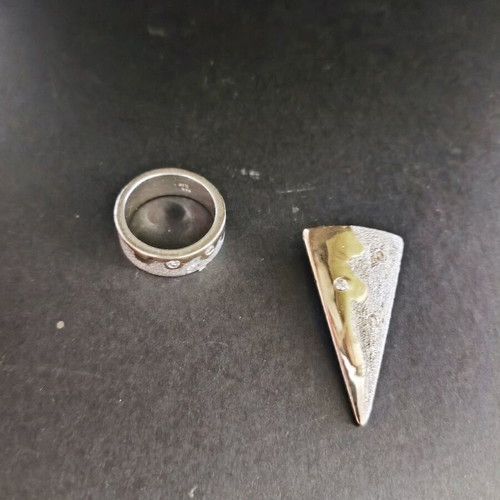 Silver-gold set 585/925, ring and pendant with sandblasting like new