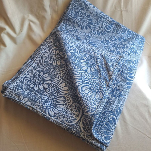 Vintage woven cotton bedspread blue white 203x148