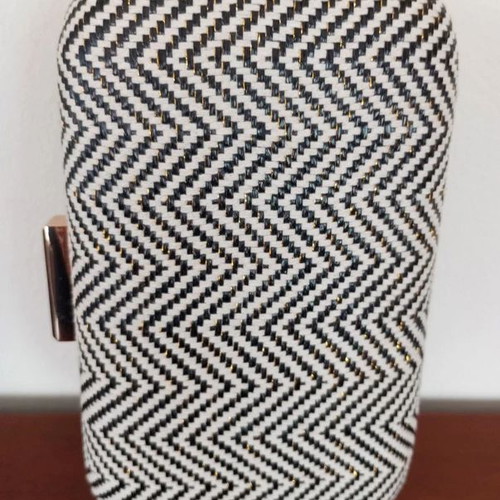 Clutch bag with hard frame, new, black and gold chevron pattern