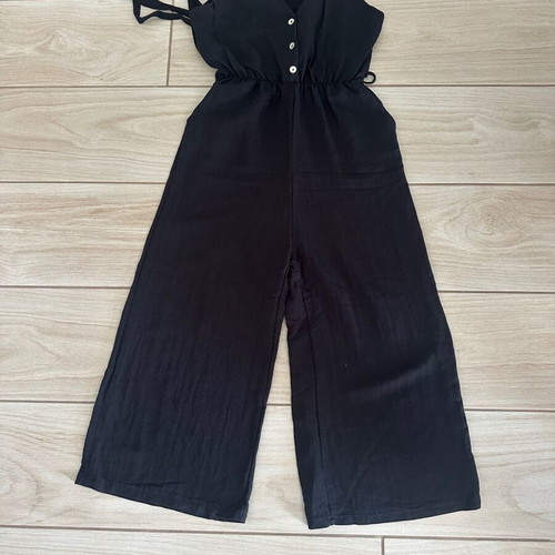 Black sleeveless jumpsuit with belt and pockets, M