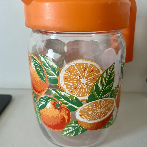 Vintage Bormioli Rocco glass carafe with plastic lid used
