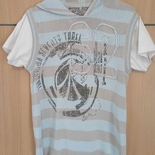 Short-sleeve knitted T-shirt with hood used, blue and grey, Small River Island