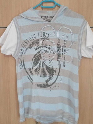 Κοντομάνικο πλεκτό T-Shirt με κουκούλα μεταχειρισμένο, μπλε και γκρι, Small River Island
