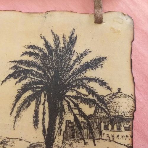 Wall-mounted old woodcut of the old city of Jerusalem