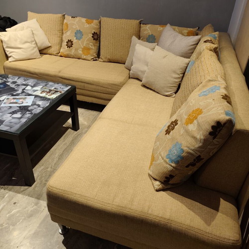 Corner sofa bed with pouf used, beige, 2.40×2.60 m