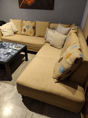 Corner sofa bed with pouf used, beige, 2.40×2.60 m