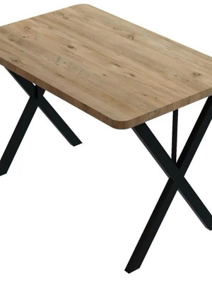 Melamine dining table with two chairs new, black metal legs