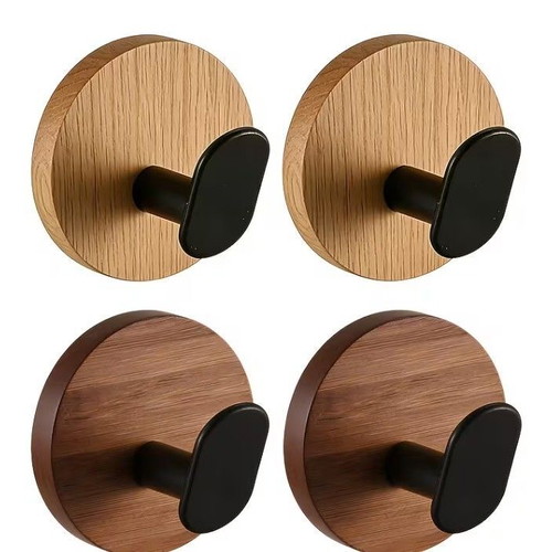 Set of 4 Adhesive Hooks with Natural Wood Color