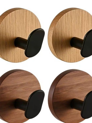 Set of 4 Adhesive Hooks with Natural Wood Color