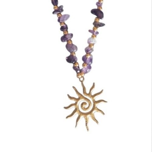 Boho Necklace with Purple Semi-Precious Beads and Sun Pendant like new