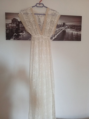 Embroidered pareo dress size small new, beige and gold