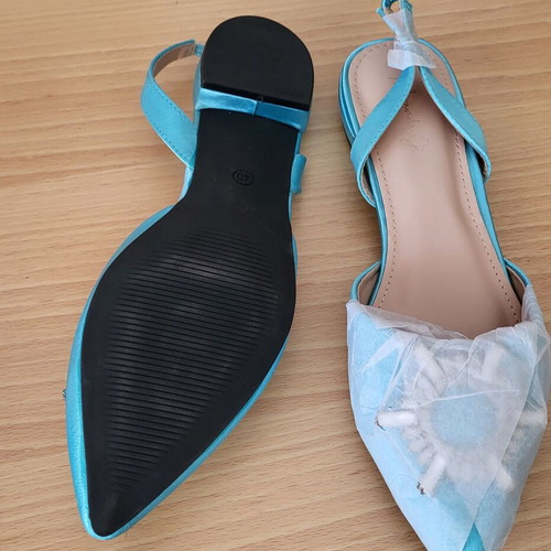 Flat mules new, turquoise satin with crystals, size 40