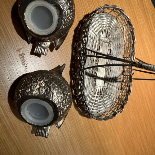 Vintage quail and partridge salt and pepper set with wire basket