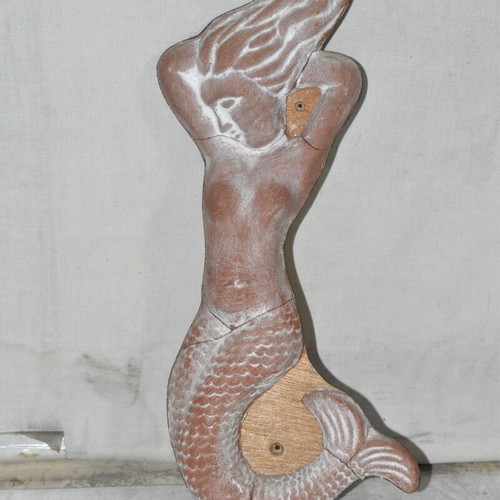 Handmade ceramic mermaid wall decoration used, wooden base 22.5x12 cm