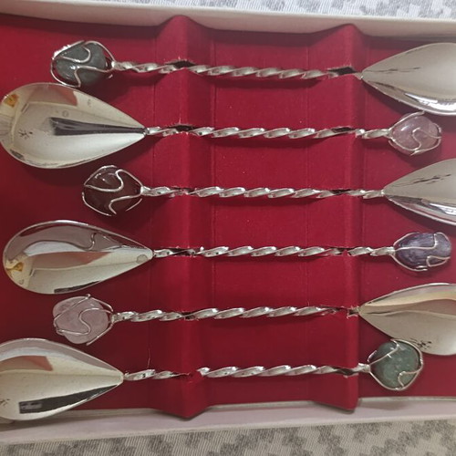 Vintage silver-plated teaspoons with semi-precious stones by Mondial Brazil, new
