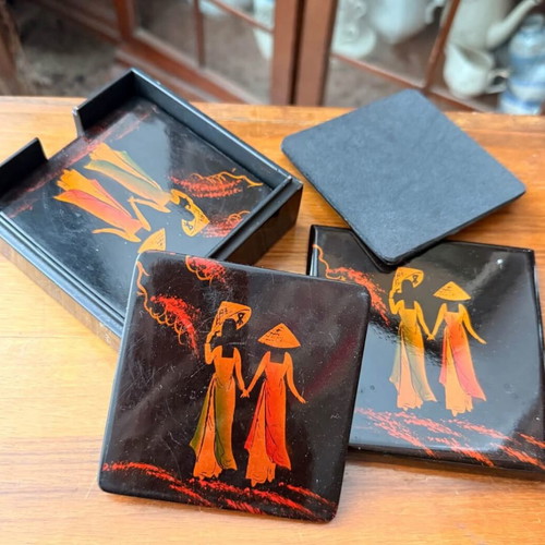 Lacquer coasters used, luxury Japan set of 6 in box