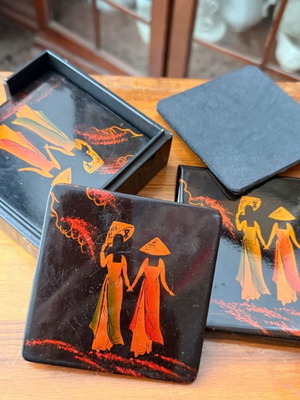 Lacquer coasters used, luxury Japan set of 6 in box