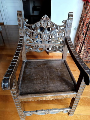 Skyrian armchair handmade, like new with carved double-headed eagle design