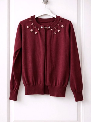 Burgundy knit cardigan with pearl chain detail like new