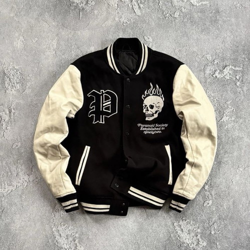 Black Squad x Paranoid Society Bomber Jacket used, men's size L, black and beige