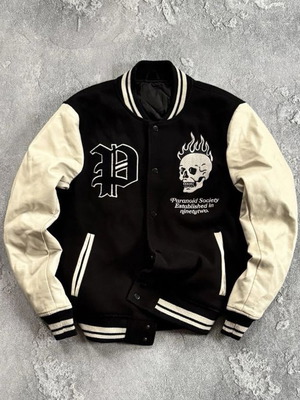Black Squad x Paranoid Society Bomber Jacket used, men's size L, black and beige
