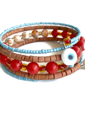 Summer bracelet in blue, coral, and orange, multi-strand with beads and an eye