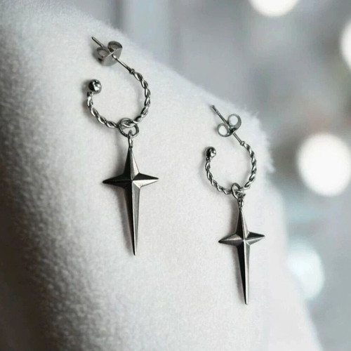 Steel earrings hoops with crosses new, silver