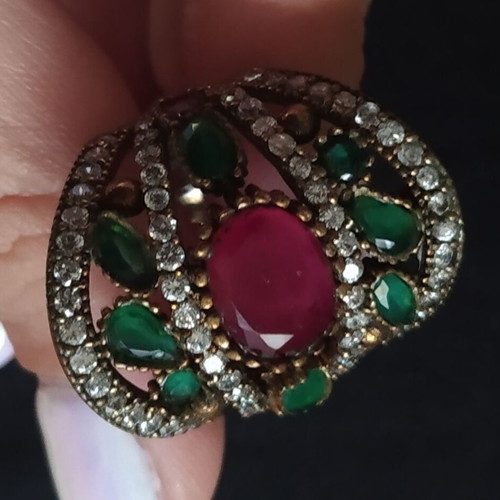 Ring decorated with rubies, emeralds and zirconia, size 7