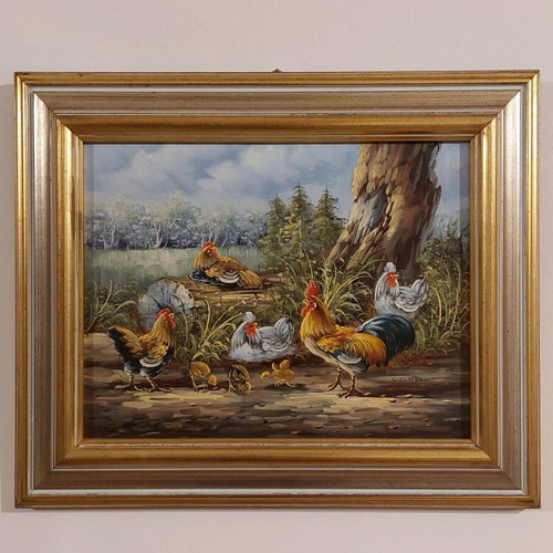 Vintage πίνακας ζωγραφικής υπογεγραμμένος, σαν καινούργιος, σκηνή με κόκορα και κότες