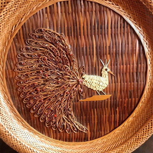Vintage Boho Wall Decor 43cm Handmade Rattan Peacock