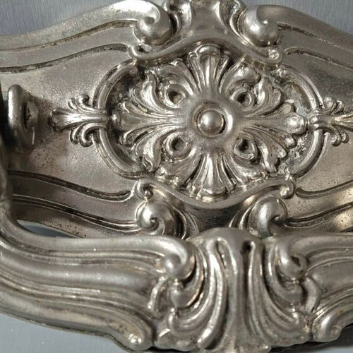 Large Italian door handle used, silver antique with embossed motifs