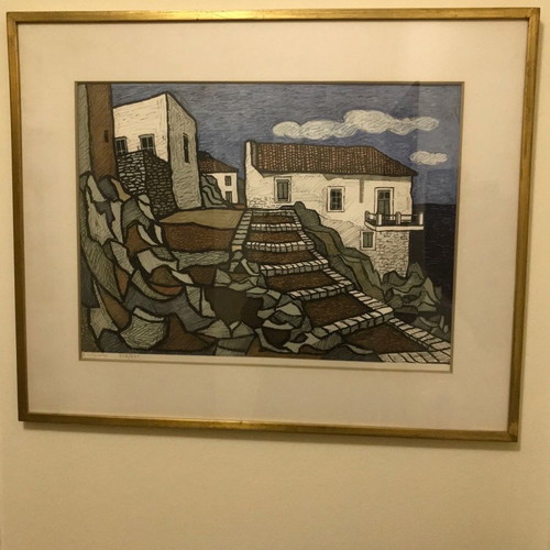 Collectible lithograph by Giorgos Sikeliotis used with frame
