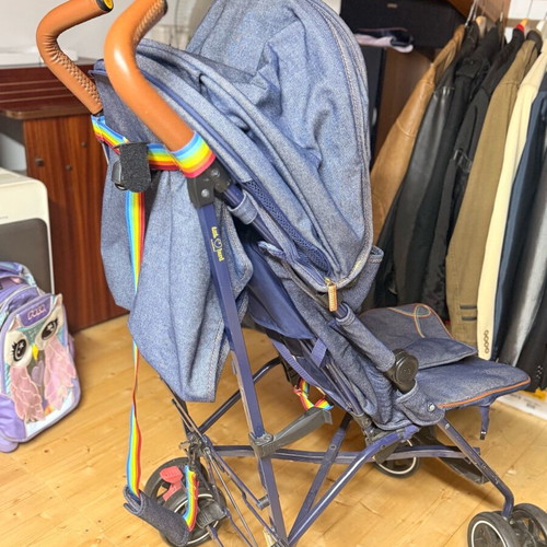 Mothercare Little Bird stroller used, denim fabric, rainbow straps