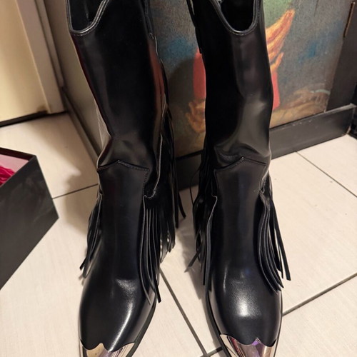 Shoeshi black leather boots with fringes and metal detail new