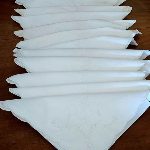 Table napkins used, set of 12, cotton or linen with cutwork embroidery