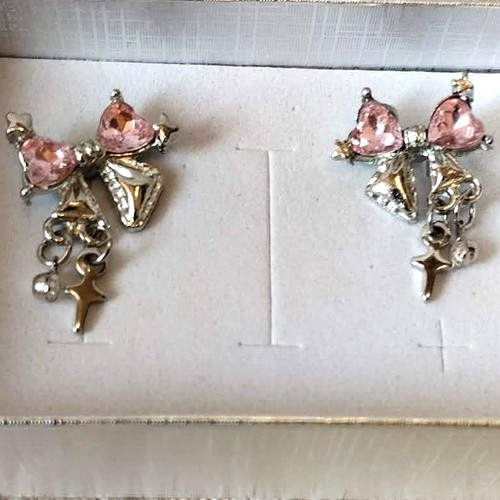 Minimal stud earrings bows with pink crystals and strass new