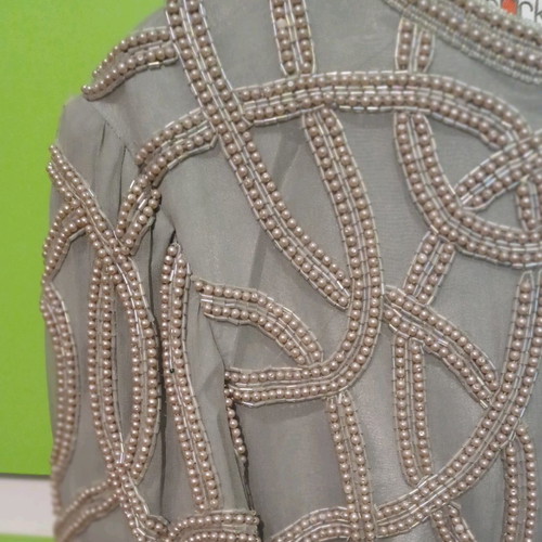 After Shock blouse used, silk beige with pearls, gray, size L
