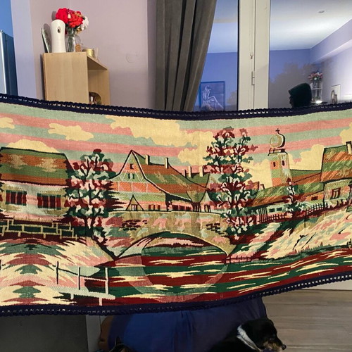 Handmade vintage wall hanging rug with village design like new