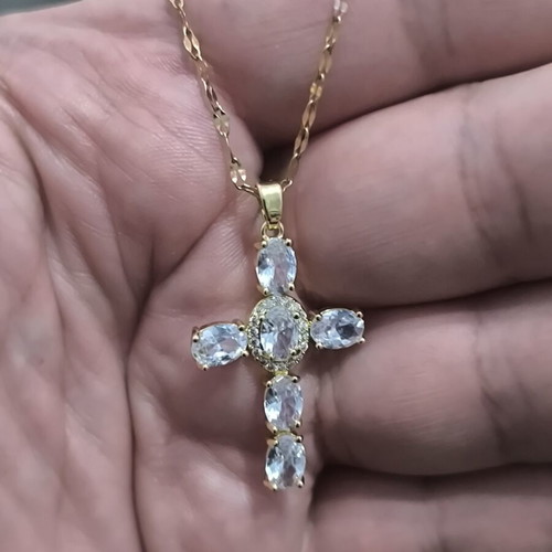 Elegant cross necklace with white stones in gold tone, new