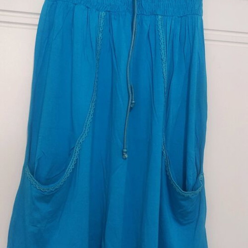 Beach dress blue S/M like new, strapless with pockets and ruffles
