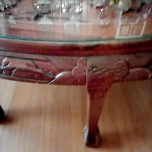 Coffee table with 6 small carved handmade stools like new, oval glass top