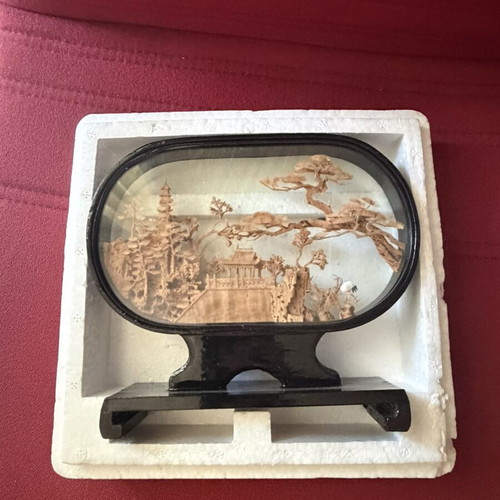 Vintage 3D Cork Frame new, 1970s-80s Chinese Hand-Carved Art