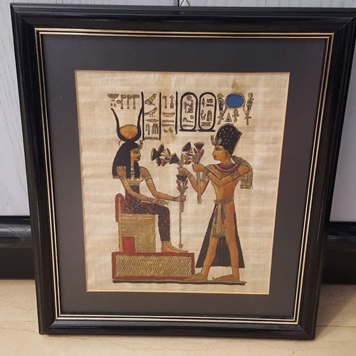 Egyptian papyrus used, set of 2, in wooden black frame