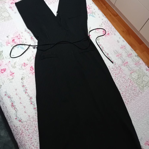 Zara black elastic cotton dress with deep V and front slit like new