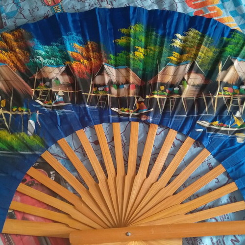 Large decorative hand-painted wall fan 1m by 60cm