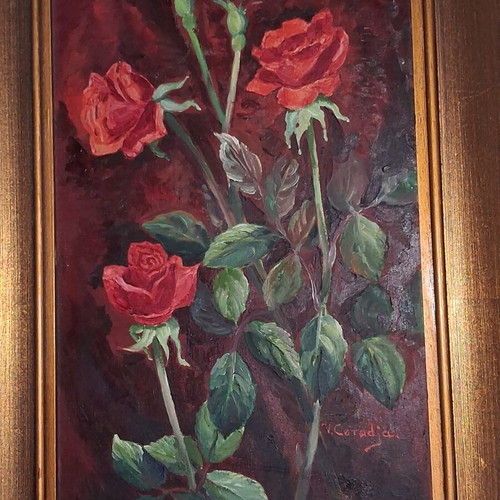 Victoria Caradja Signed Oil Painting on Wood Roses