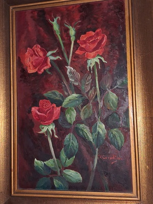 Victoria Caradja Signed Oil Painting on Wood Roses