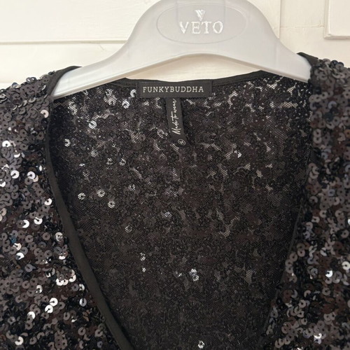 Funky Buddha Black Sequin Top like new, V-neck, size M